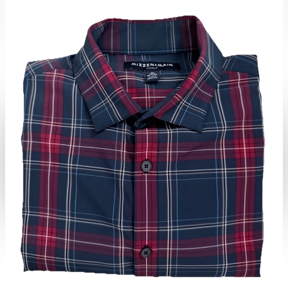 Mizzen + Main Navy Plaid Leeward Medium Trim Fit No Tuck, Long Sleeve Shirt, EUC